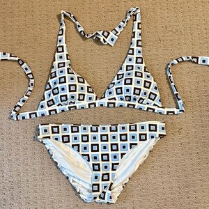J. McLaughlin Blue, Brown & White Geometric Bikini in Sz Med / Lga